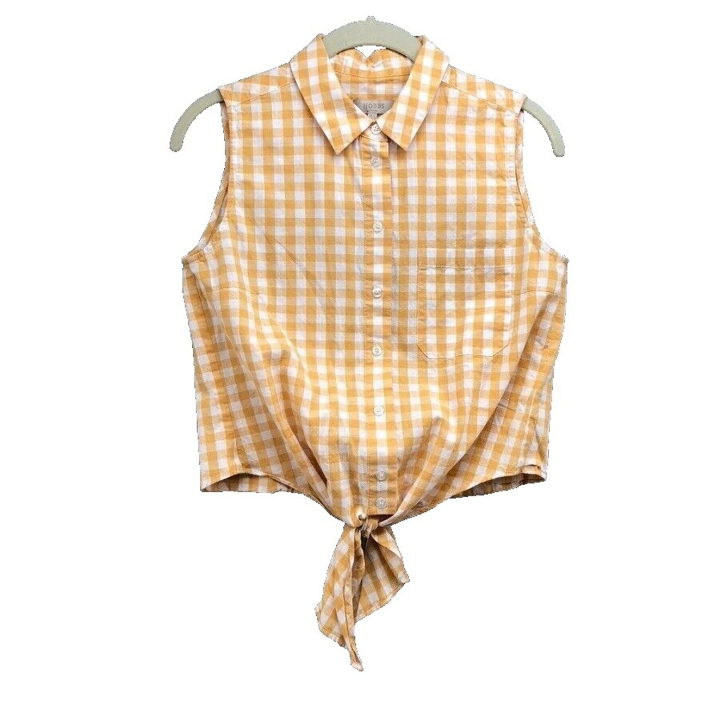Hobbs Blouse Top Womens 4 Yellow Gingham Plaid Tie Front Sleeveless‎ Cottagecore